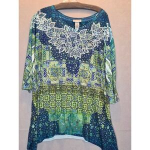 Catherines Plus Size 0X 14/16W Blue Green Rhinestone V-Neck Sharkbite Tunic Top